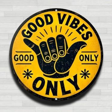 Imagem de Placa Good Only com Shaka Hand Vintage Placa de parede redonda de alumínio rústico, 20 cm, presentes e decoração para casa, escritório, café e quintal
