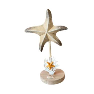 Imagem de WeiLaiKeQi Estrela-do-mar de madeira para decoração de mesa, enfeite náutico, peça central para mesa, escultura de estrela-do-mar para prateleira ou entrada de, Amarelo Desgastado