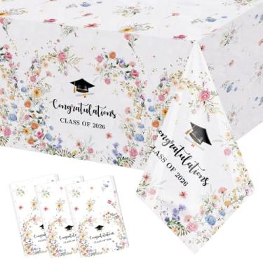 Imagem de MEHOFOND Pacote com 3 toalhas de mesa de formatura de flores silvestres, toalha de mesa descartável em aquarela floral classe de 2026 137 x 274 cm, capa de mesa de parabéns para decoração de festa de