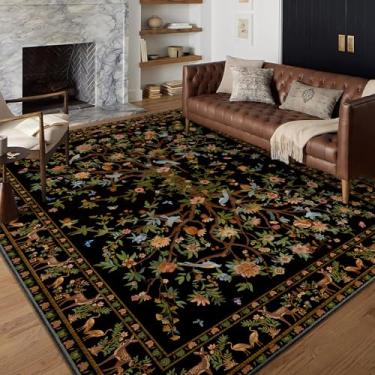 Imagem de TANVILL Tapete de área preto 10 x 15 cm, lavável na máquina, antiderrapante, boêmio, floral, botânico, macio, macio, tapete pequeno para quarto, sala de jantar