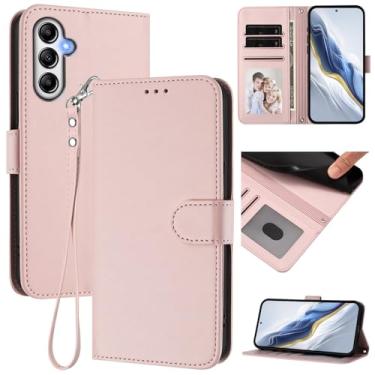 Imagem de Capa carteira para Samsung Galaxy A35 5G, capa fina de couro com compartimentos para cartões, alça de pulso e suporte, capa protetora à prova de choque para homens e mulheres (rosa)