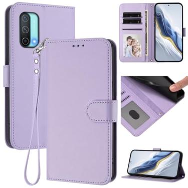 Imagem de Capa carteira para OnePlus Nord CE 5G, capa fina de couro com compartimentos para cartões, alça de pulso e suporte, capa protetora à prova de choque para homens e mulheres (roxo claro)
