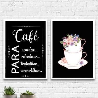 Imagem de Kit 2 Quadros Cantinho Do Café Xícaras Flores 24X18Cm