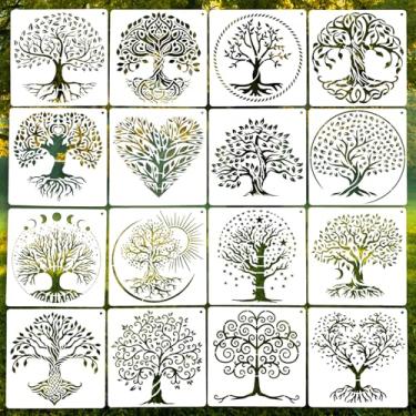 Imagem de Estênceis de árvore para pintura, 16 peças, estênceis de árvore da vida de plástico para artesanato, reutilizáveis, modelos de desenho para pintura em tela de parede de madeira, metal, ferramentas DIY