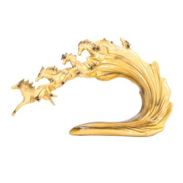 Imagem de plplaaoo Estátua de cavalos com acabamento dourado requintado colorfast dez mil cavalos galopando estátua arte cavalo estatueta para escritório decoração de casa material de resina 17,1 x 10,4 x 3,9
