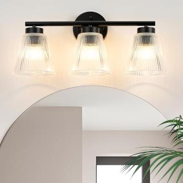 Imagem de OCIOC Luzes pretas para banheiro, luminárias modernas de banheiro de 3 luzes com sombra de vidro listrado, lâmpada de parede de banheiro sobre espelho, para sala de estar, quarto, corredor, varanda de
