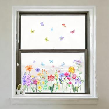 Imagem de DOPENSPI Adesivos de janela de flores, decalques florais de dupla face, adesivos de janela de flores silvestres decalques de grama para porta de vidro, decoração de escritório em casa
