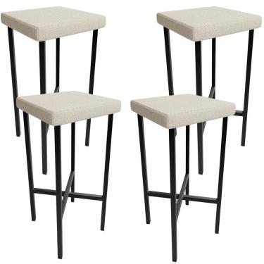 Imagem de Kit 04 Banquetas Alta Bar Cozinha Sala De Jantar Preto Stella L02 Linho Champagne - Lyam Decor