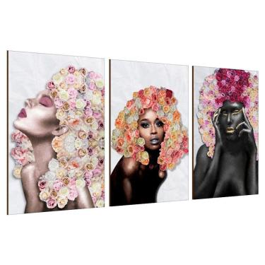 Imagem de Placas Quadros Mdf 20x30cm Mulheres Rosto Flores Rosas Kit 3