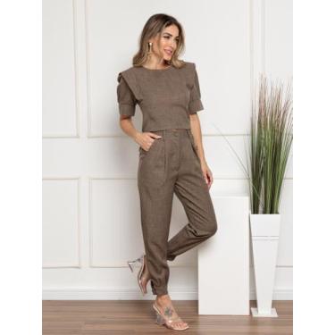 Imagem de WWZ FASHION Conjunto Calça E Cropped Linho 8420, Marrom, G