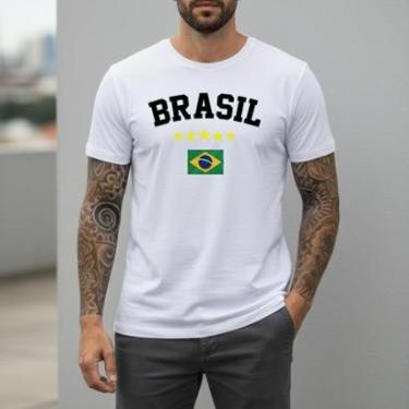 Imagem de Camiseta masculina Branca Estampa Bandeira Brasil Estrela Copa 2026 Mundo Orgulho Brasileiro Homens-Masculino
