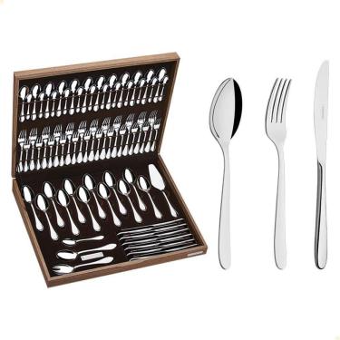 Imagem de Faqueiro Tramontina Cannes Em Aço Inox Facas De Mesa Forjadas Estojo De Madeira 76 Peças 66979300