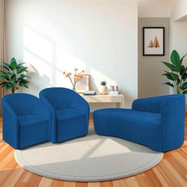Imagem de Kit Sofá Curvo França 160cm L,e E 2 Poltronas Luiza Max Conforto, Elegância E Design Moderno Linho Azul Royal