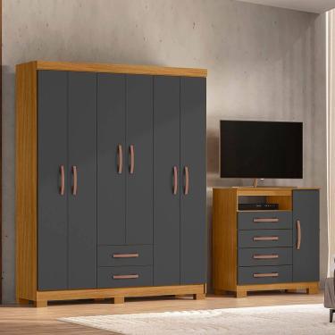 Imagem de Guarda-Roupa 6 Portas 2 Gavetas e Cômoda Sapateira Itapema Carvalho Americano/Grafite