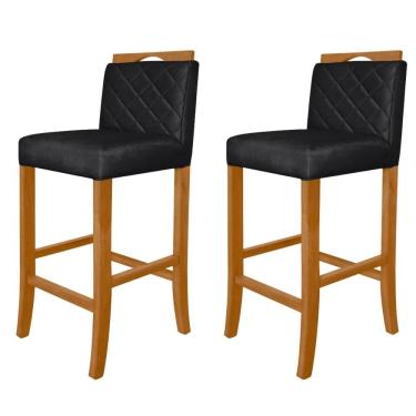 Imagem de Kit 2 Banquetas Altas para Cozinha Madeira Maciça Estofadas com Encosto Multimóveis CR15019