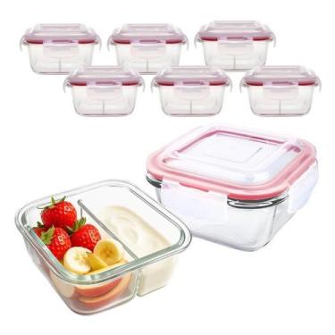 Imagem de Kit 6 Potes De Vidro 300ml 2 Divisórias Hermético Marmita Fit Com Trav