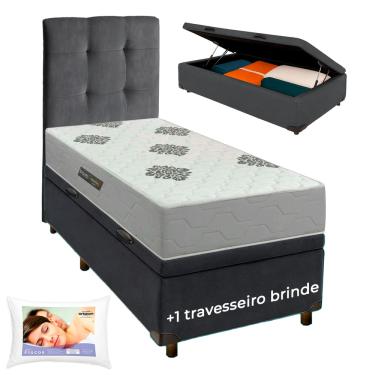 Imagem de Cama Box Bau + Cabeceira + Colchão Solteiro ISO100 Confort Premium + Travesseiro Ortobom