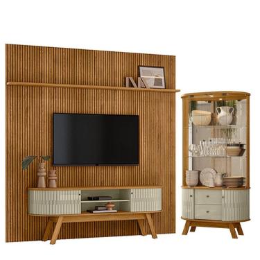 Imagem de Estante Home Theater Com Bancada Suspensa New Laguna Com Cristaleira Moss Cumaru Opala - Madetec