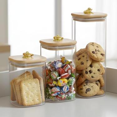 Imagem de Kit Potes PMG de Vidro Hermético Quadrado Tampa Bambu com Argola Doura