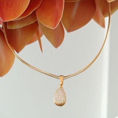 Imagem de Colar Delicado Veneziana Gota Microcravejada Cristal / Banhada Ouro - 