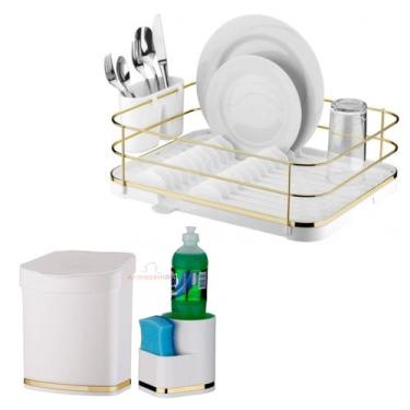 Imagem de Kit Cozinha 3 Peças Escorredor Louça Talheres Lixeira 2,5L Organizador