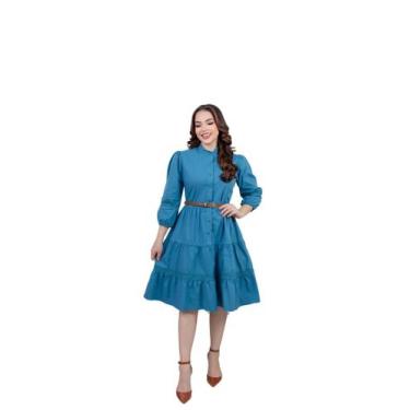 Imagem de Vestido Moda Evangélica Midi Viscolinho Outono Inverno Cor:AzulTamanho