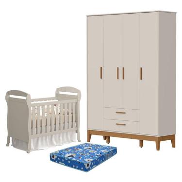 Imagem de Kit Berço Americano Danny com Colchão e Guarda Roupa 4 Portas 2 Gavetas MDF 148cm Areia Acetinado Reller Móveis