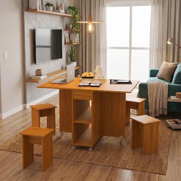Imagem de Mesa Dobrável Jade com 4 Bancos Tampo Extensível Nichos e Rodas para Cozinha Nature Infantile Móveis