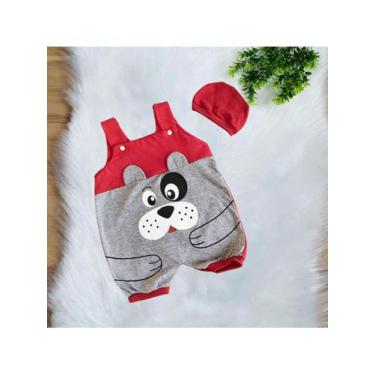 Imagem de Conjunto Macacão Jardineira + Touca  Bebê Menino Estampa de Cachorrinh
