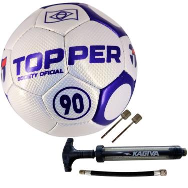 Imagem de Kit Bola de Futebol Society 90 Costurada à Mão com Bomba Dupla Ação Roxo e Preto Vitória