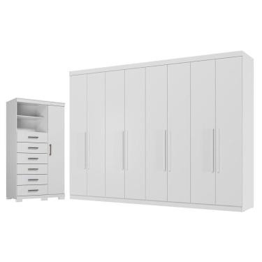 Imagem de Guarda Roupa Casal Master New 8 Portas de Bater 4 Gavetas MDP Cômoda 1 Porta 6 Gavetas Marabá com Pés Branco Brilho