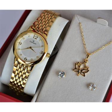 Imagem de Relogio Champion Feminino Pequeno Dourado Ch24857b + Kit Semi Joia