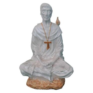Imagem de São Francisco Meditando Branco Metalizado Imagem Gesso 20 Cm