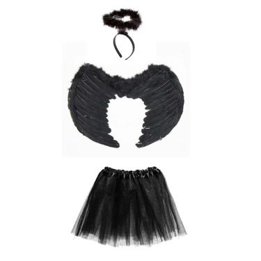 Imagem de Fantasia  Anjo Asa  Aureola e Saia Preta Infantil  - 3 Peças