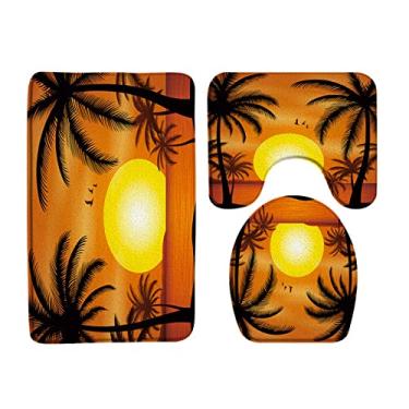 Imagem de Conjunto de tapetes de banho Palm Tree Beach Cenário do oceano Tapete de porta de flanela decoração de banheiro antiderrapante tapete de cobertura de vaso sanitário, 345z, conjunto de 3 peças, 60x40cm, 23.6x15.7in