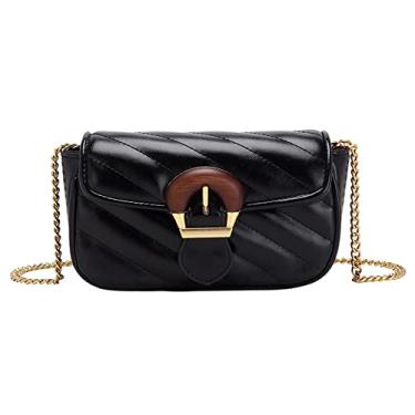 Imagem de Bolsa tiracolo pequena acolchoada com aba superior para mulheres com corrente moderna casual bolsa de ombro Tote de couro vegano, Preto