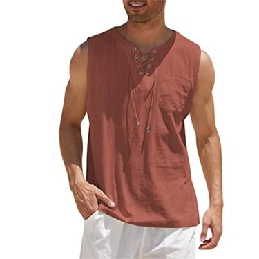 Imagem de Camiseta regata masculina de algodão e linho casual sem mangas moda camisetas hippie de praia, Vermelho tijolo, Large