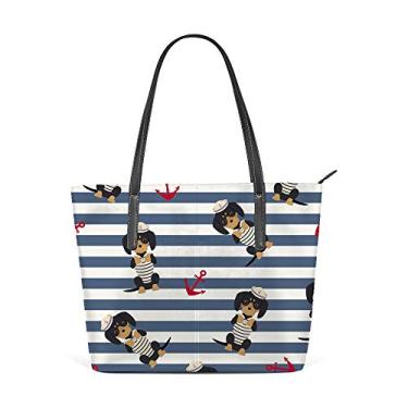 Imagem de Bolsa de ombro feminina sacola de couro para compras grande trabalho Dachshund filhote marinheiro decoração bolsas bolsa casual