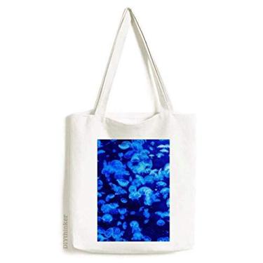 Imagem de Bolsa de lona azul ciência natureza água-viva imagem oceano bolsa de compras casual bolsa de mão