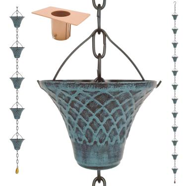 Imagem de Bell, 2,5 m, correntes de chuva azul celeste antigo para drenar calha através de bicos e barril de chuva com adaptador de calha de corrente de chuva – Ferro banhado à prova de ferrugem para uso ao ar livre com ferro moderno e espesso para decoração de jardim preto