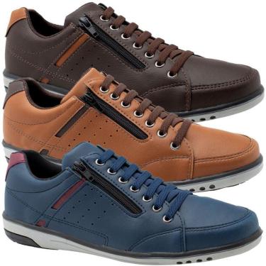 Imagem de Kit 3 Sapatênis Masculino Casual Café, Conhaque e Azul Elástico e Zíper 750-Masculino