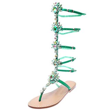 Imagem de Sandália feminina com strass decoração slide moda feminina de fundo plano dedo do pé sandálias romanas sandálias casuais fivela tira sandálias (verde, 8,5)