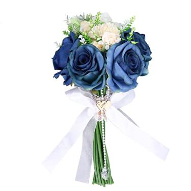 Imagem de Buquê de rosa artificial de simulação, decoração de buquê de flores de casamento, buquê de noiva artificial romântico, buquê de noiva para decoração de casa, presentes de dia dos(Azul)