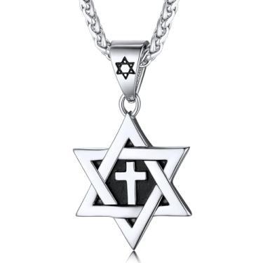 Imagem de ChainsHouse Colar Magen Estrela de Davi para homens e mulheres, aço inoxidável/hexagrama banhado a ouro 18 K/pingente de etiqueta de cachorro, joia judaica israelense, Metal, Sem Pedra Preciosa