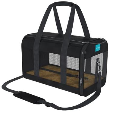Imagem de Bolsa Transporte Pet para Avião Cabine Viagem Ventilação Cães e Gatos Reforçada até 10kg Tela Arejada Alça e Tapete Removível Preta - Duke & Dixie