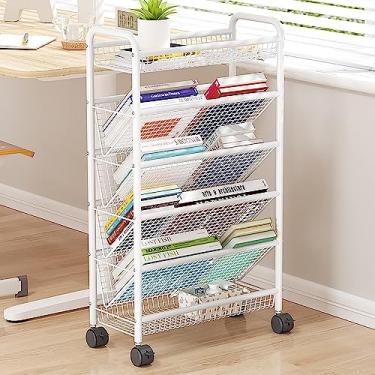 Imagem de Estante móvel com rodas - carrinho de livros com rodinhas para espaços estreitos, carrinho organizador de armazenamento de mesa compacto, estantes de metal de chão/prateleira de canto, porta-revista