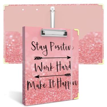 Imagem de Fichário com 3 anéis de 2,5 cm, prancheta decorativa rosa fofa de capa dura de baixo perfil com armazenamento, fichário redondo de 2,5 cm para papel tamanho carta, organizador de fichário para material de escritório escolar (permaneça positivo)