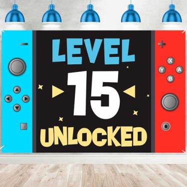 Imagem de Level 15th Unlocked Happy 15th Birthday Level Up Banner Background Photo Booth Props Video Game Tema Juvenil Decoração para Meninos Meninas Festa de 15º Aniversário Lembranças de Chá de Bebê