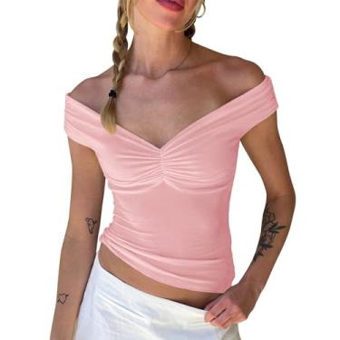 Imagem de Balimtoy Blusa feminina com ombros de fora, sem mangas, costas nuas, cropped para sair, gola V, caimento justo, bustiê, roupas Y2K, rosa, M
