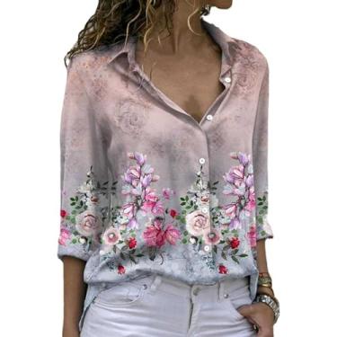 Imagem de Bidbory Camisa feminina abotoada estampa floral doce costura fina artesanato, rosa, M